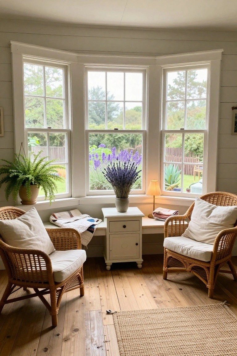 Sunroom bay window area with two wicker armchairs in white cushions flanking a white console table holding a lavender bouquet, lamp, books, and blankets, plus a potted fern, hardwood floors, white shiplap walls, and garden views outside.