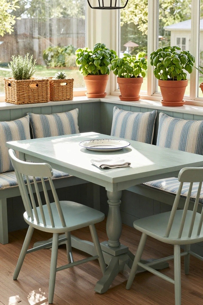 Sunroom corner with mint-green wooden table, two matching chairs, built-in bench seating with blue striped cushions, potted herbs on windowsills, and views of greenery outside.