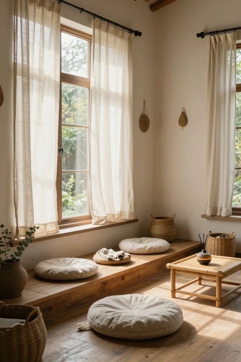 Sunlit beige interior room with sheer curtains on large windows, wooden platform holding round beige floor cushions, low square wooden table, woven baskets, potted plant, and incense holder.