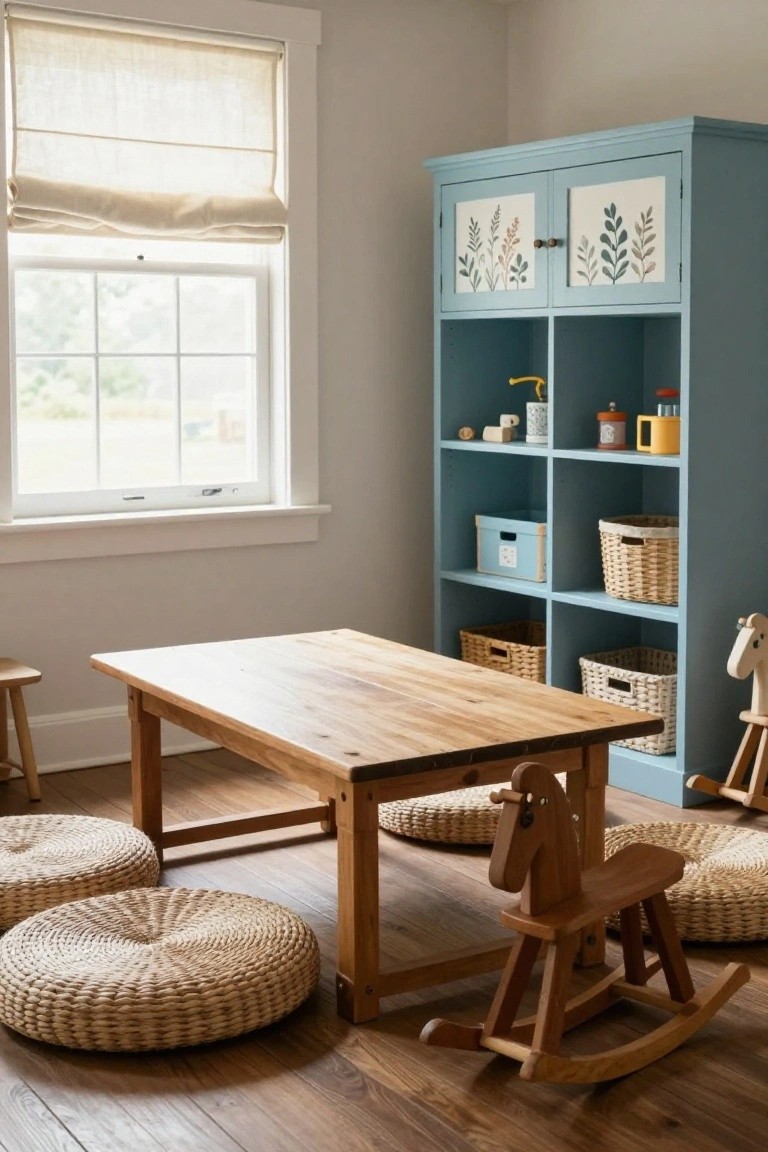 Bright, cozy playroom with wooden table, rocking horse, and blue storage cabinet.