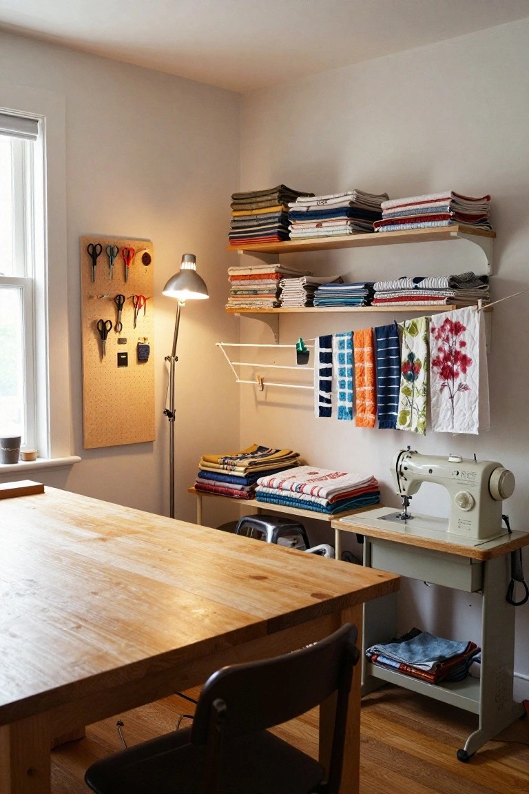 A sunlit sewing room with open wooden shelves stacked with folded colorful fabrics, a pegboard wall holding scissors and tools, hanging racks with patterned tea towels, a wooden work table, chair, and sewing machine on a cabinet.