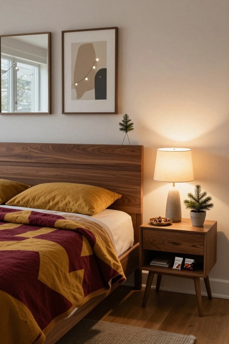 Wooden platform bed with mustard yellow pillows, burgundy and gold quilt, wooden nightstand holding lamp, small potted Christmas tree, dish of nuts, books, and snacks, plus mini Christmas trees on wall shelf and beside lamp, abstract artwork with string lights on walls, in a light-colored bedroom with hardwood floors.