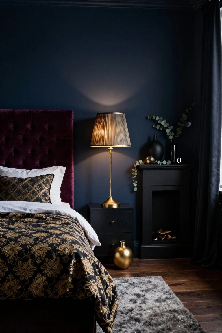 Bedroom interior with navy blue walls, purple velvet tufted headboard, white and black bedding, brass table lamp on black nightstand, black fireplace mantel holding black vase, gold balls, eucalyptus branches, and gold vase on wood floor.