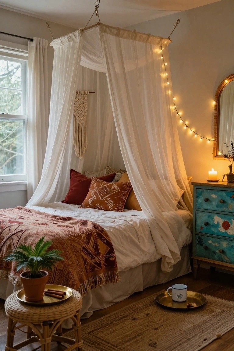 Bedroom with a white canopy bed draped in sheer fabric and fairy lights, terracotta pillows and blanket on the bed, a potted plant, rattan side table with cinnamon sticks, blue dresser, and candle on nightstand.