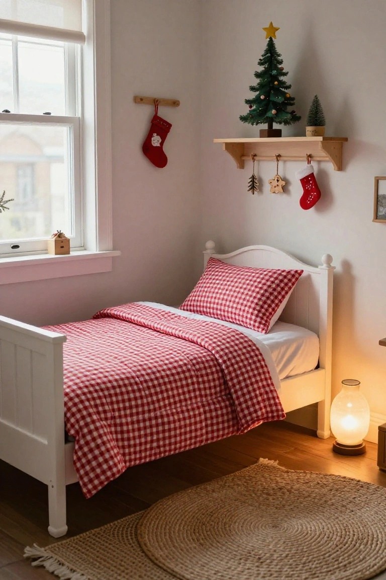 A corner of a child's bedroom featuring a white wooden bed with red gingham duvet and pillows, a small lit Christmas tree on a wooden shelf above, hanging stockings, and a glass lamp on the floor.