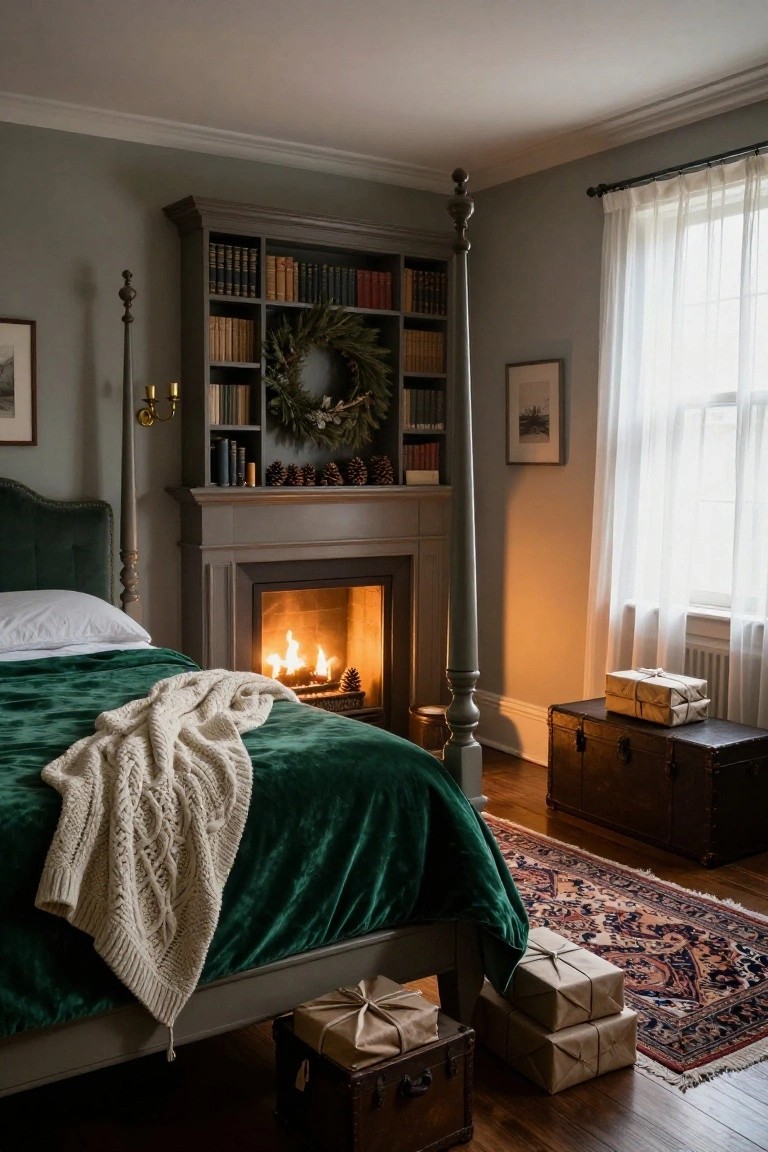 A cozy bedroom with an emerald green velvet four-poster bed draped in a cream knit throw, a lit fireplace, dark wood bookshelves holding books and a holiday wreath with pinecones, wrapped gifts on the floor, and a patterned rug.