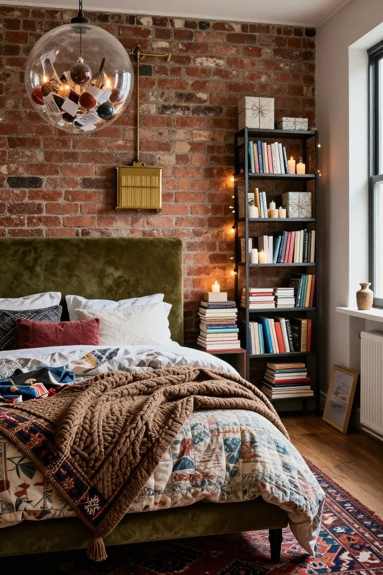 Bedroom with exposed brick accent wall, green velvet upholstered headboard and bed layered with white sheets, patterned pillows, knit throw, and quilt, black metal bookshelf stocked with books, candles, wrapped boxes, and string lights, large glass globe pendant light filled with ornaments and small candles, window with potted vase, and wood floor with rug.