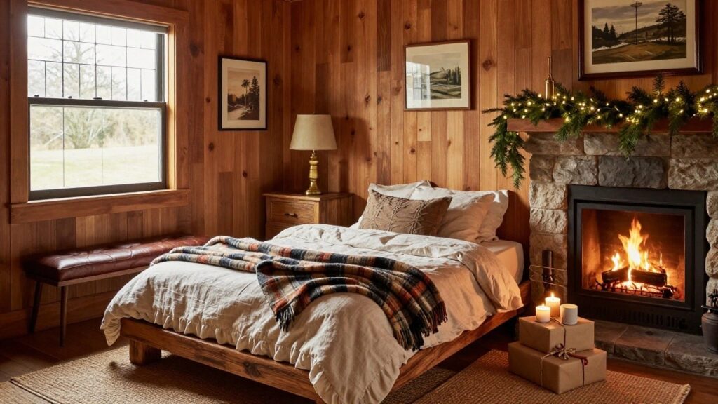Cozy bedroom with reclaimed wood plank walls, wooden bed frame with white linens plaid throw and pillows, bay windows with cushioned bench, evergreen garland with string lights on wall, brass lamp on wood nightstand, candles and wrapped gifts on jute rug.