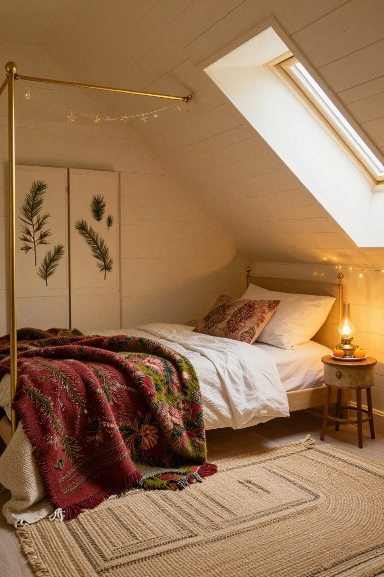Attic bedroom with sloped white ceilings and skylight, brass four-poster bed draped in star fairy lights, colorful embroidered quilt and pillows on white sheets, pine leaf screens on walls, oil lamp with oranges on wooden stool beside seagrass rug.