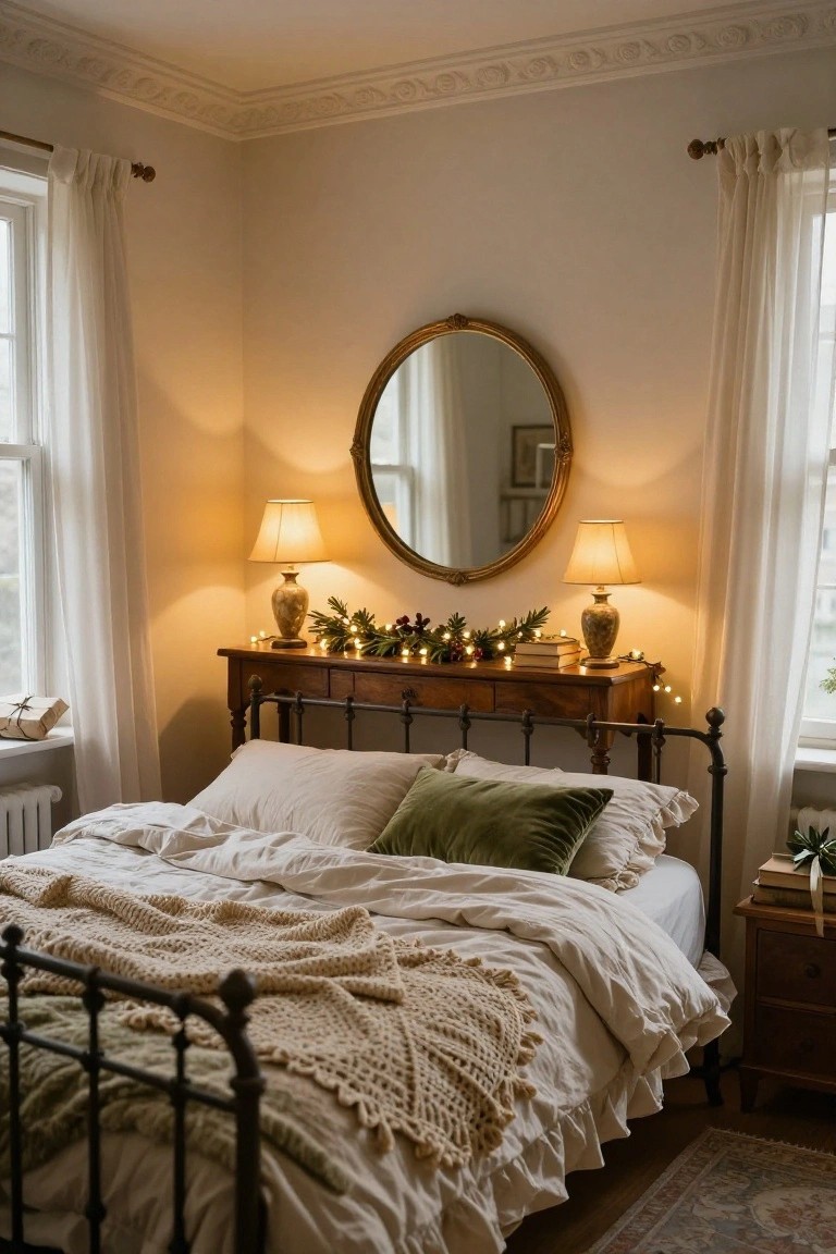Cozy bedroom corner with white iron bed draped in light linens and knit throw, green velvet pillows, wooden console table holding garland with berries and fairy lights flanked by ceramic lamps, gold round mirror, and sheer curtained windows.