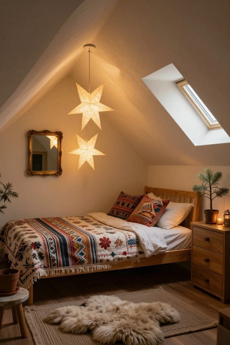 Attic bedroom with sloped white ceilings and skylight, wooden bed draped in multicolored patterned quilt and pillows, two hanging white paper star lanterns, ornate wall mirror, potted plants, sheepskin rug, and bedside table with candle lantern.