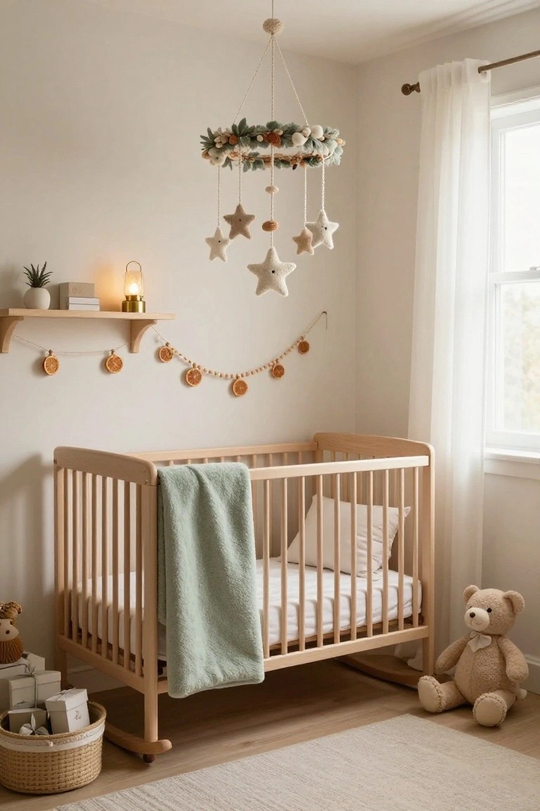 Light beige nursery room with wooden crib draped in green blanket, large teddy bear on floor, hanging wool mobile with stars and wreath above crib, wooden shelf holding plant, lantern, book, and garland of dried orange slices on beads, sheer curtains on window, basket of wrapped gifts nearby.