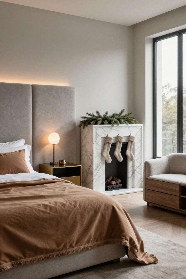 Modern neutral-toned bedroom featuring a gray upholstered bed with rust-colored bedding, gold nightstand with lamp, marble fireplace with fir garland and three white stockings on the mantel, large window overlooking trees, and a nearby gray armchair.