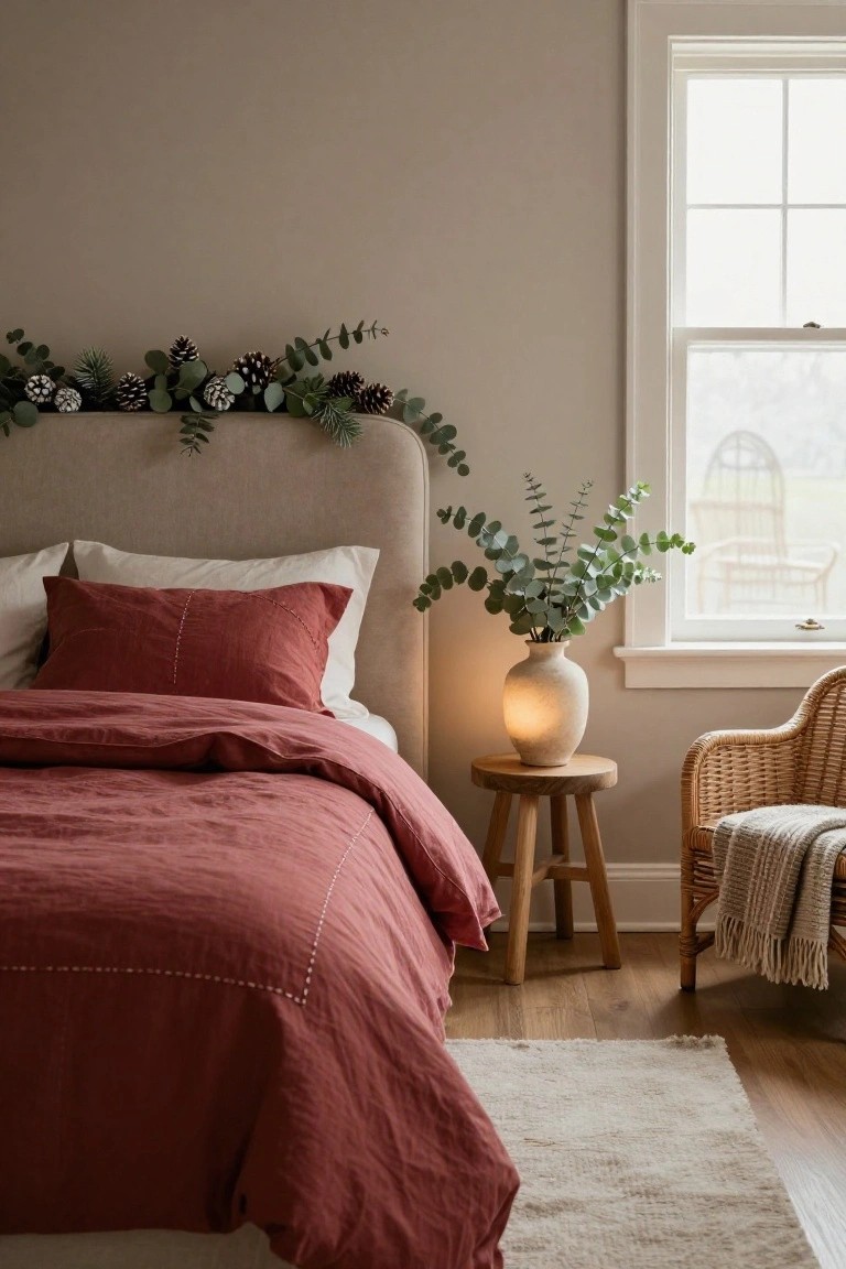 Bedroom with beige walls, upholstered headboard topped by eucalyptus and pinecone garland, terracotta linen bedding and pillows, side table holding lamp and vase of eucalyptus, rattan chair with throw blanket, and window with sheer curtain.