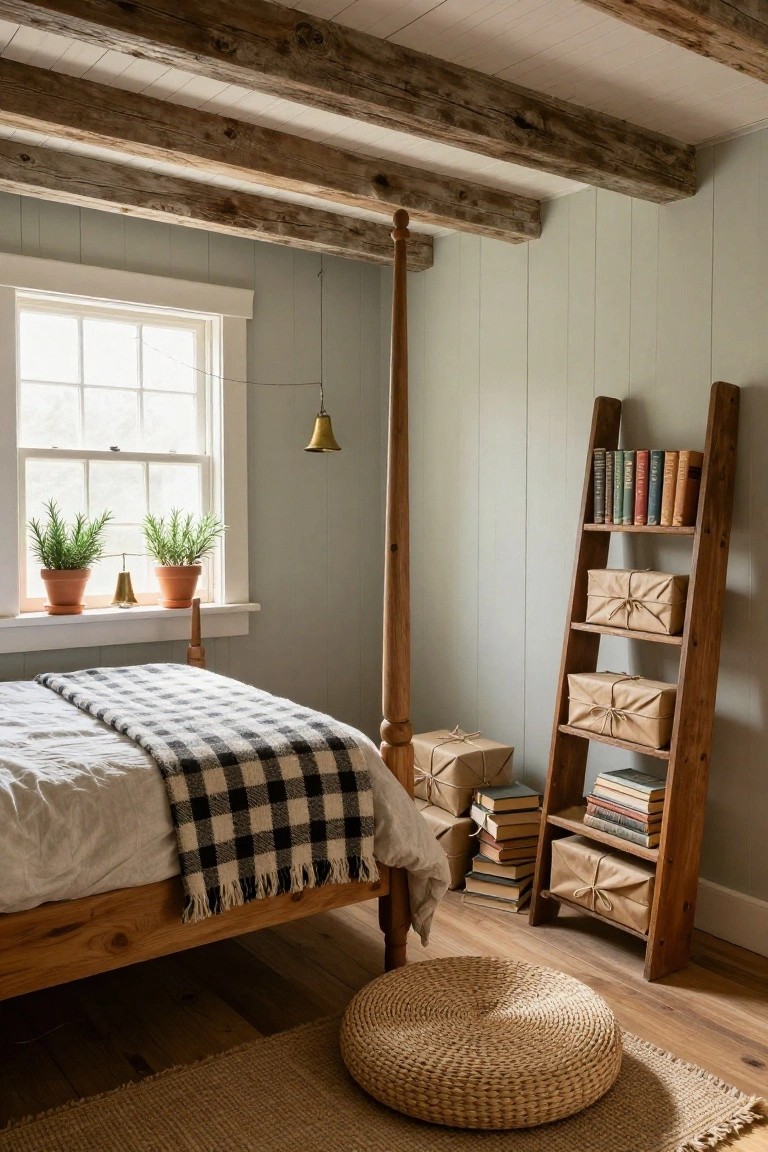 Rustic Ladder Shelf Beside the Bed