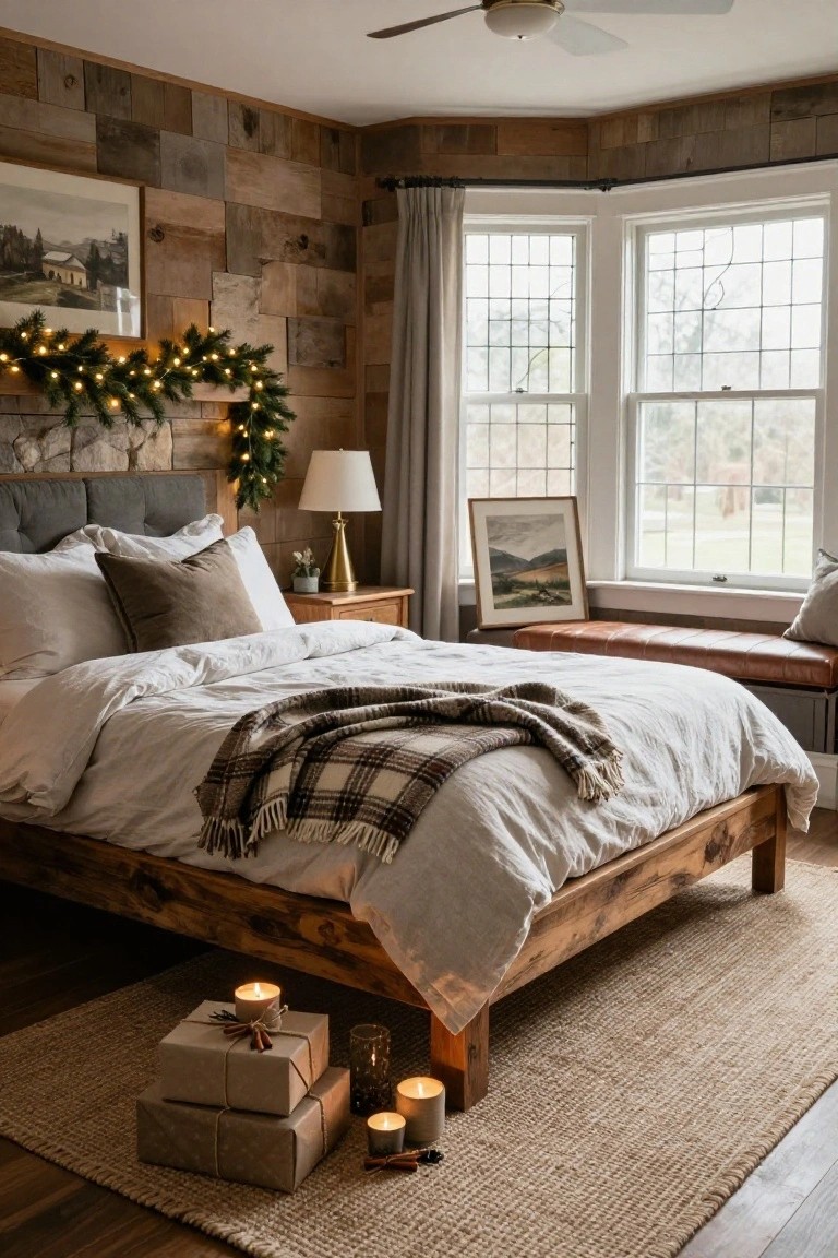 Cozy bedroom with reclaimed wood plank walls, wooden bed frame with white linens plaid throw and pillows, bay windows with cushioned bench, evergreen garland with string lights on wall, brass lamp on wood nightstand, candles and wrapped gifts on jute rug.
