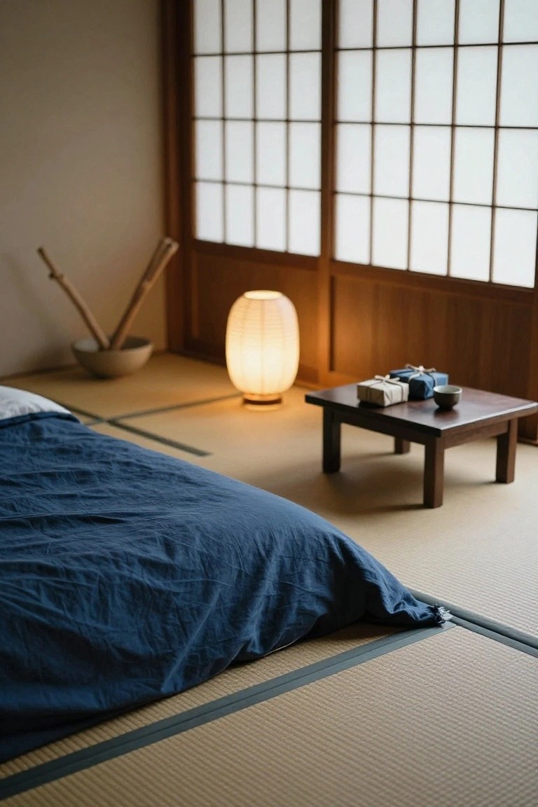 Japanese-style bedroom interior with tatami mat flooring, low navy blue futon bedding, low wooden table holding wrapped gifts and a small teacup, glowing paper lantern lamp, bamboo stalks in a bowl, and shoji screen windows.