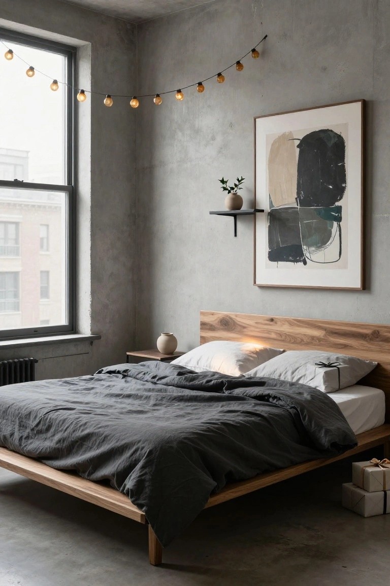 Minimalist bedroom with gray concrete walls, wooden platform bed draped in gray linens, orange string lights along a large window, abstract wall art, shelf with vase and plant, side table, and stacked wrapped gifts on concrete floor.