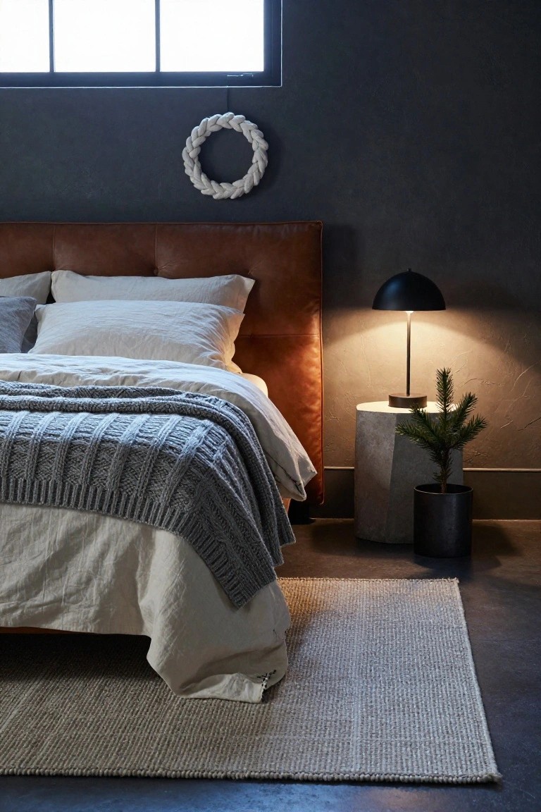 Dark-walled bedroom featuring a brown leather headboard bed with white linens and gray knit throw, black lamp on gray stone pedestal table holding small potted fir tree, white rope wreath on wall, seagrass rug on concrete floor.