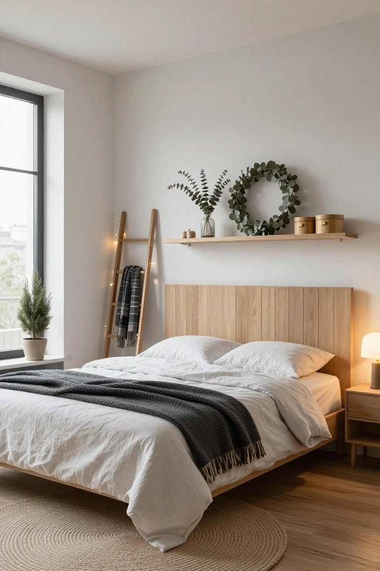A bedroom interior with light wooden platform bed, paneled headboard, white bedding topped with gray wool throw, wooden ladder holding plaid blanket and string lights, floating oak shelf displaying eucalyptus wreath and wooden boxes, small potted pine tree by window, and bedside table with lamp on light wood floor.