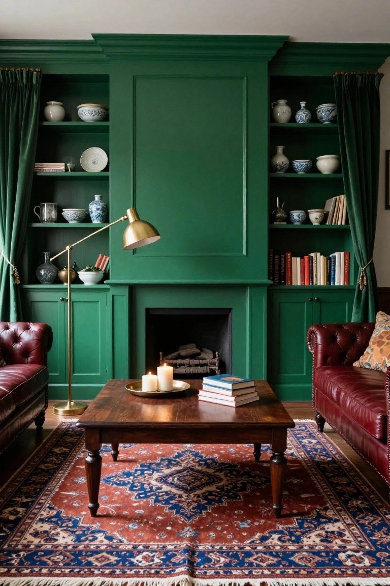 Living room with emerald green painted built-in bookshelves and cabinets flanking a lit fireplace, red leather sofas facing a wooden coffee table on a red and blue Persian rug, gold floor lamp, and assorted white porcelain ceramics and books on shelves.