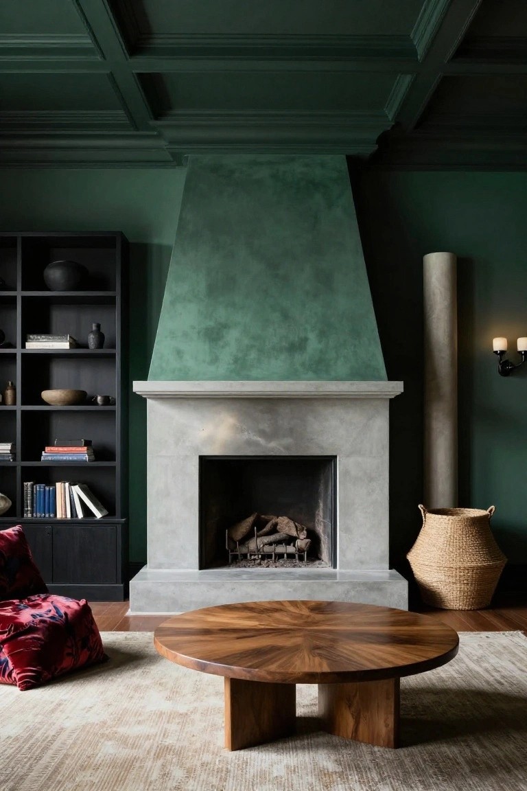 Living room with deep green textured walls and fireplace surround, stone hearth containing a fire, black open bookshelves with books and ceramics, round wooden coffee table, red patterned pouf chair, beige rug, and wood floor.