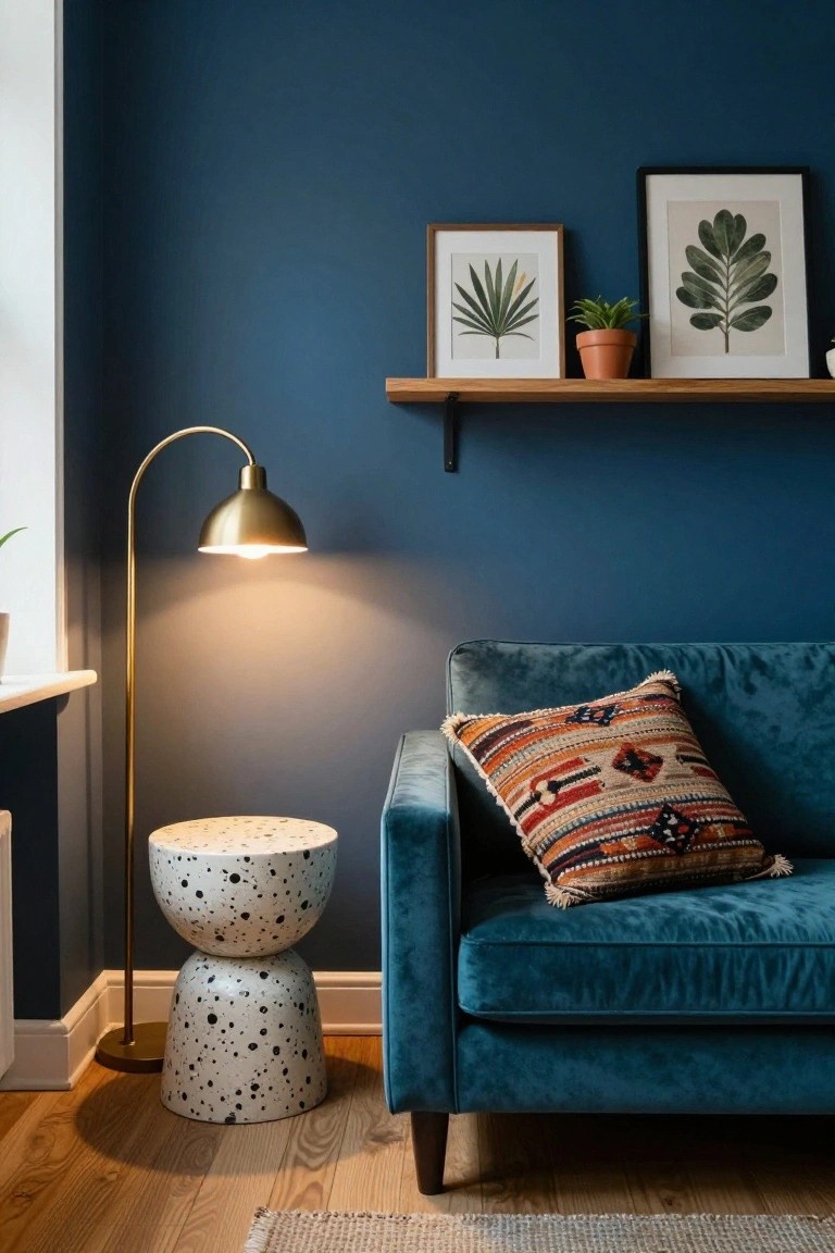 Corner of a living room with deep navy blue walls, teal velvet sofa with patterned pillow, speckled white stool, gold arc lamp turned on, wooden shelf holding plant prints and potted succulent, hardwood floor with rug.