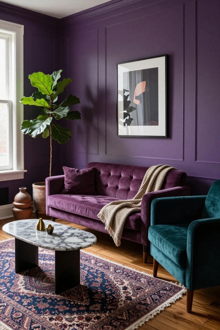 Deep Purple Walls with Velvet Sofas