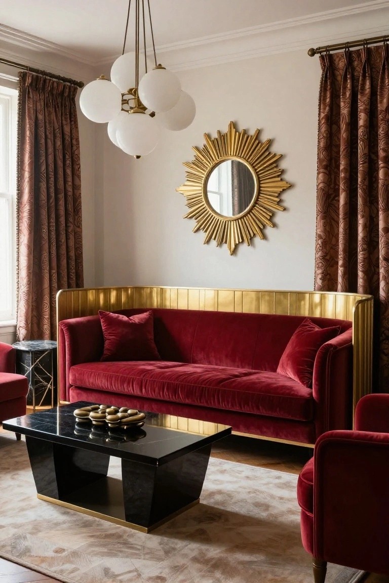 Living room with curved red velvet sofa featuring tall brass sides, flanked by two red velvet chairs, black coffee table holding gold objects, gold sunburst mirror on cream wall, burgundy patterned curtains at window, and white globe chandelier overhead.