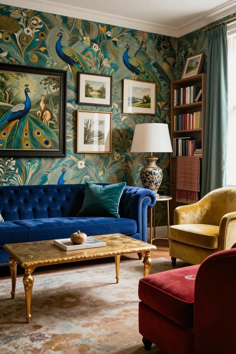 Living room with teal peacock and foliage wallpaper on walls, navy blue tufted velvet sofa, gold coffee table holding a book and pumpkin, yellow and red velvet chairs, bookshelves, lamp, art frames, and teal curtains on window.