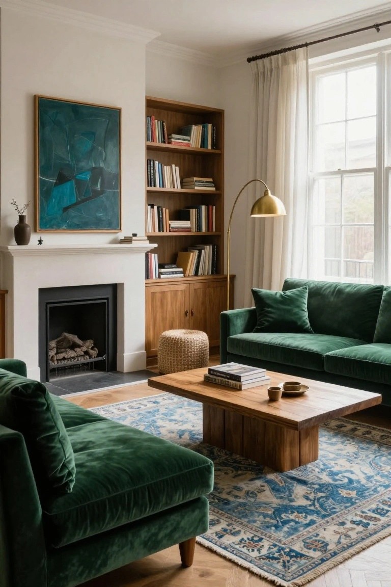 A living room with two emerald green velvet sofas facing a low wood coffee table on a blue and white rug, flanked by wood bookshelves and a white fireplace next to a large window with sheer curtains.