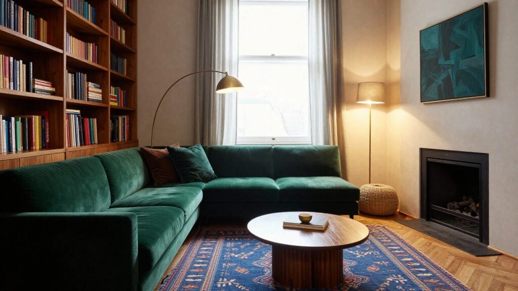 A living room with two emerald green velvet sofas facing a low wood coffee table on a blue and white rug, flanked by wood bookshelves and a white fireplace next to a large window with sheer curtains.
