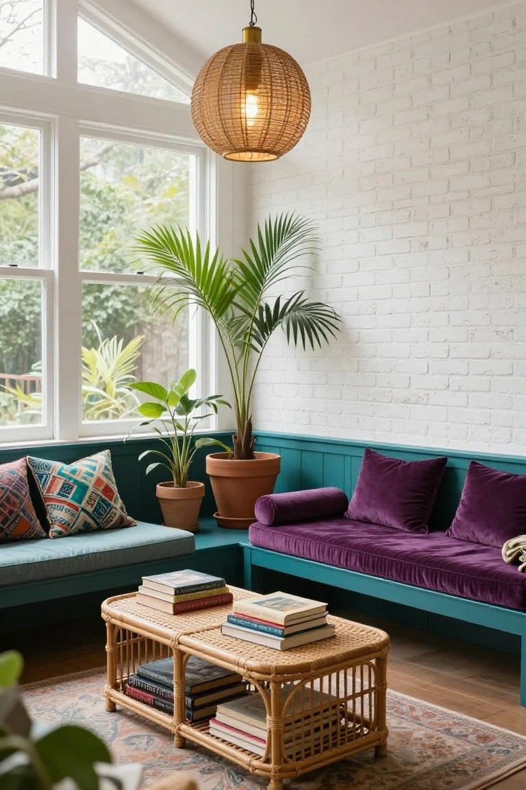 Cozy interior seating nook with teal-painted benches and purple velvet cushions, rattan coffee table stacked with books, potted plants, white brick walls, large windows overlooking greenery, and a woven pendant lamp.
