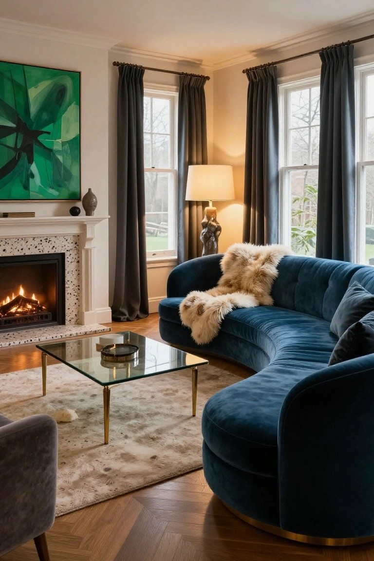 Living room with curved navy blue velvet sofa draped in sheepskin throws, lit fireplace with terrazzo surround, glass coffee table on cream rug, gray curtains on tall windows, and large green abstract painting.