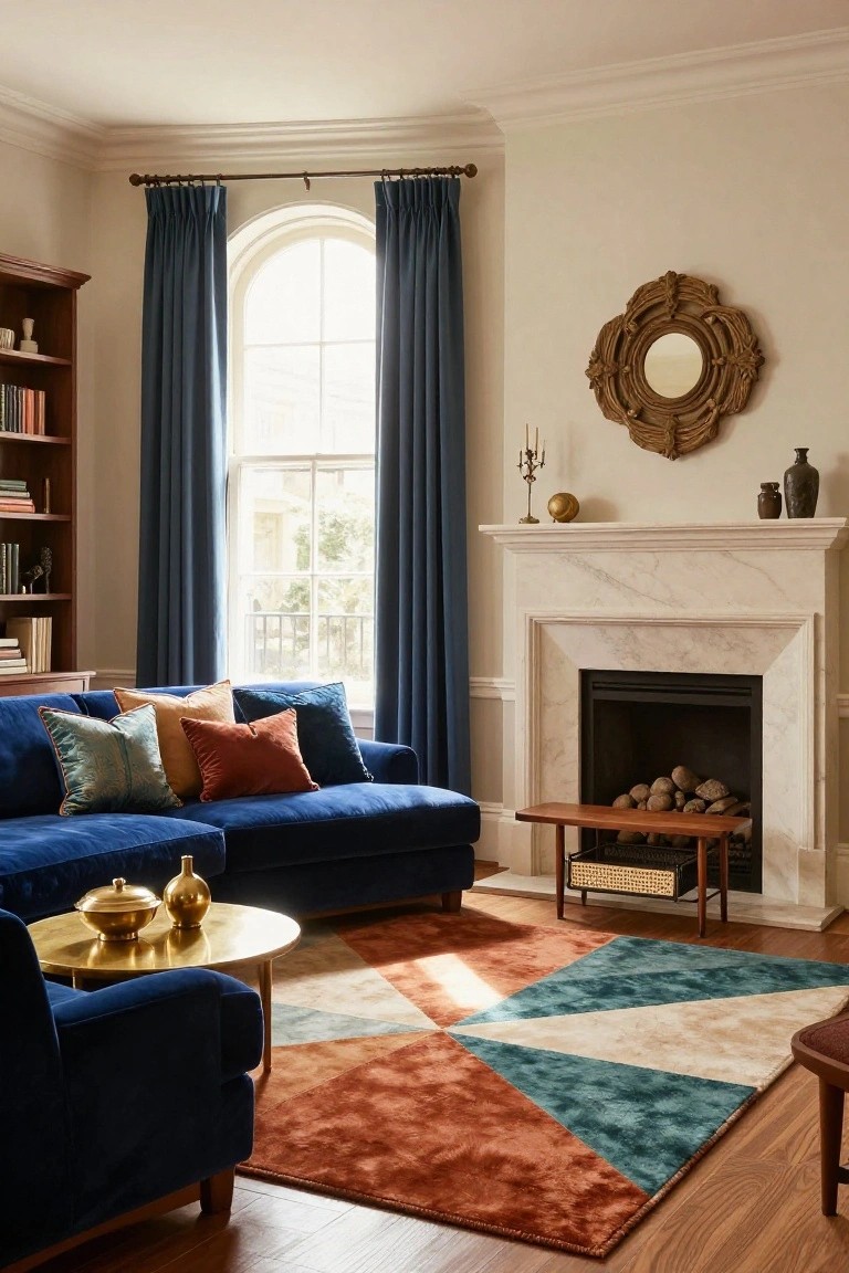Living room interior with navy velvet L-shaped sofa and armchair, colorful velvet pillows, gold side table, marble fireplace with logs, navy drapes on arched window, wooden bookshelves, and geometric rug on hardwood floor.