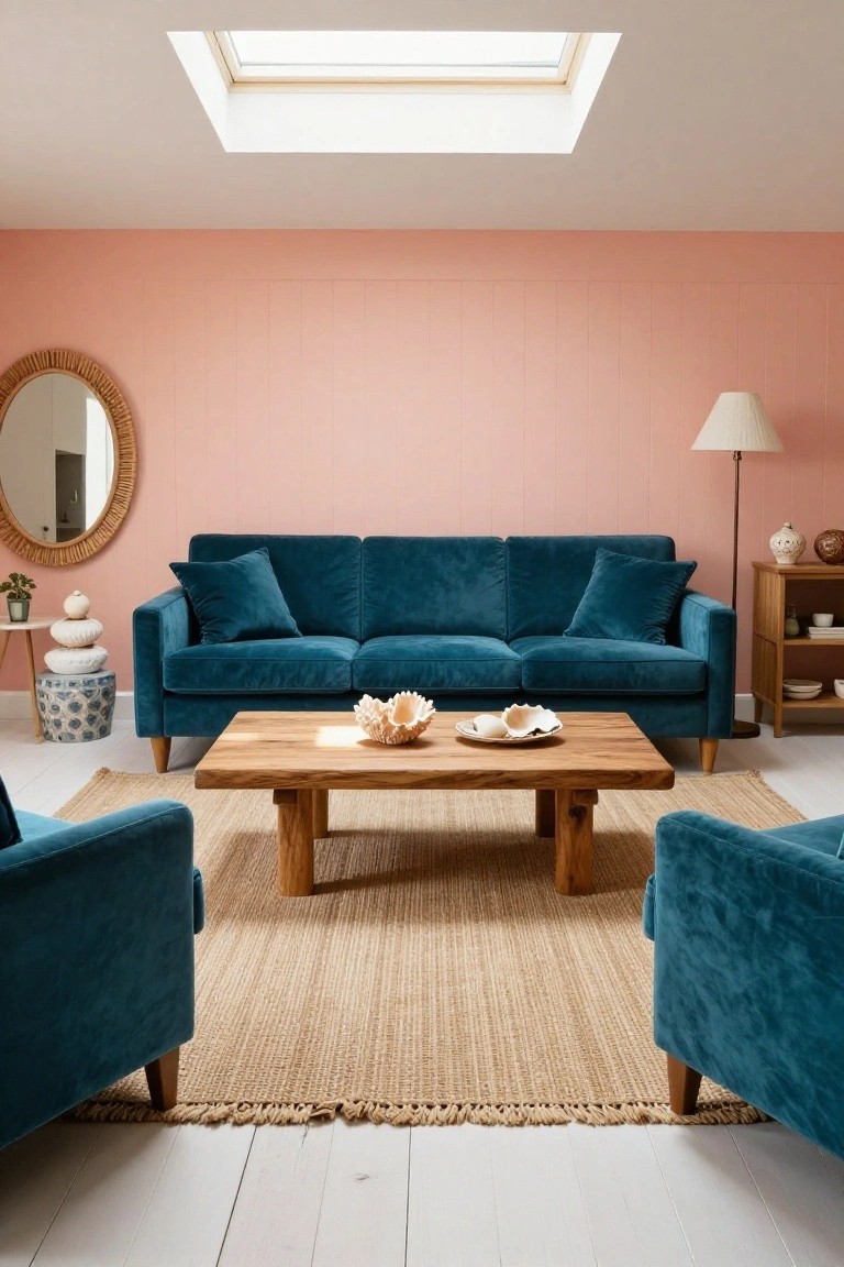 A living room with teal velvet sofa, matching armchairs, wooden coffee table, blush pink paneled walls, rattan mirror, floor lamp, and skylight.