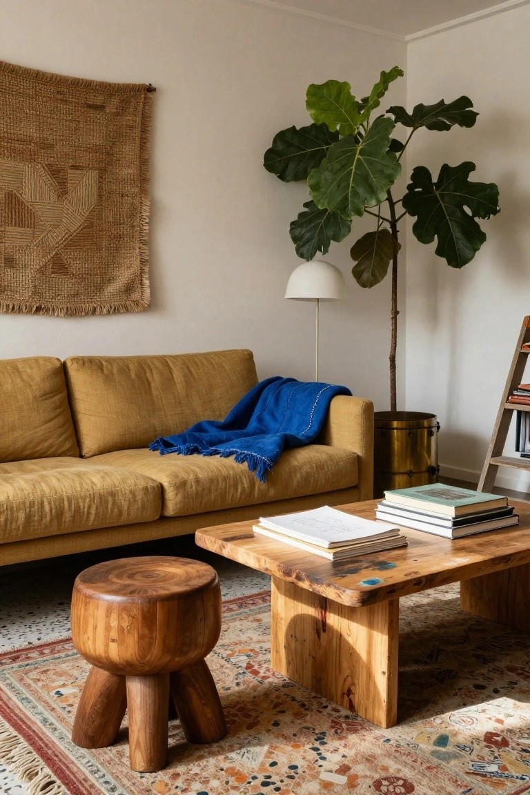 Tan linen sofa in a living room with a blue fringed throw blanket draped over it, wooden coffee table holding stacked books, wooden stool, large potted fiddle leaf fig plant, brass planter, ladder book shelf, woven wall hanging, and patterned rug on the floor.