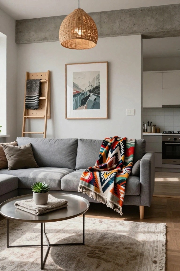 Modern living room featuring a gray L-shaped sofa with a colorful patterned throw blanket, metal coffee table holding a potted succulent, wooden ladder shelf with towels, abstract wall art, and open kitchen visible through doorway.