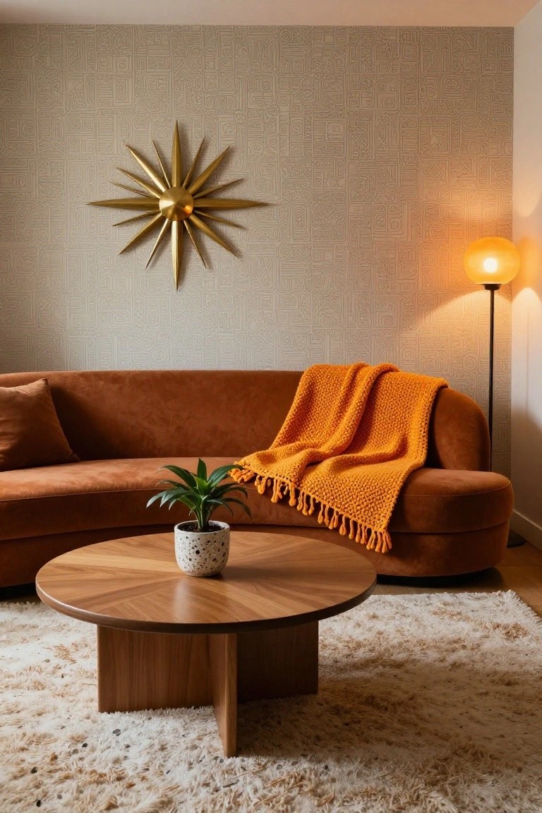 Curved burnt orange velvet sofa with chunky orange fringed knit throw blanket draped over the arm, wooden coffee table holding a potted plant, floor lamp, in a beige textured wall room with gold sunburst decor.