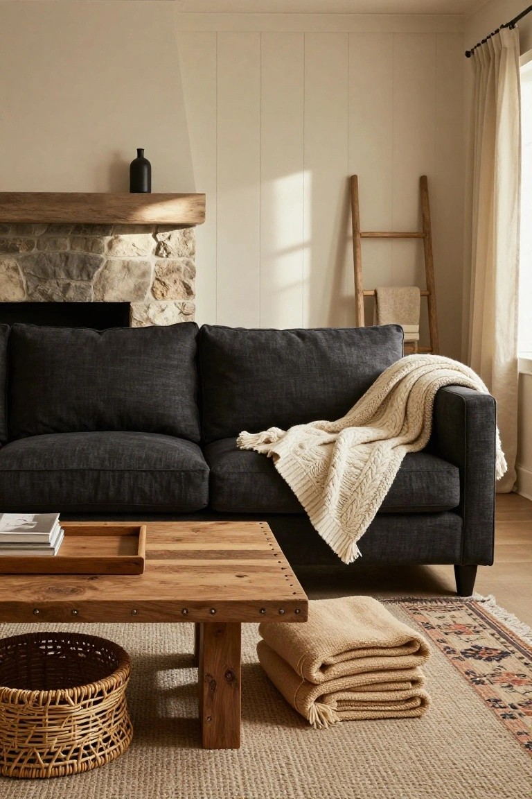 Living room with dark gray linen sofa draped in a white chunky knit throw, wooden coffee table with books and basket, stone fireplace mantel with black vase, wooden ladder holding towels, and folded tan blankets on seagrass rug next to patterned rug.