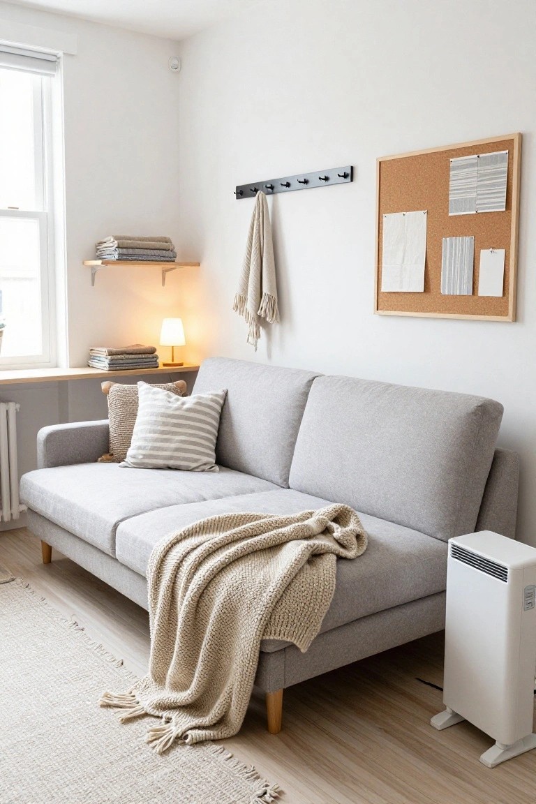 Gray fabric two-seater sofa in a light-filled living room corner with a beige chunky knit throw draped over the arm, striped and textured pillows, a small table lamp on a wooden shelf, stacked towels above, corkboard on wall, and white heater nearby.