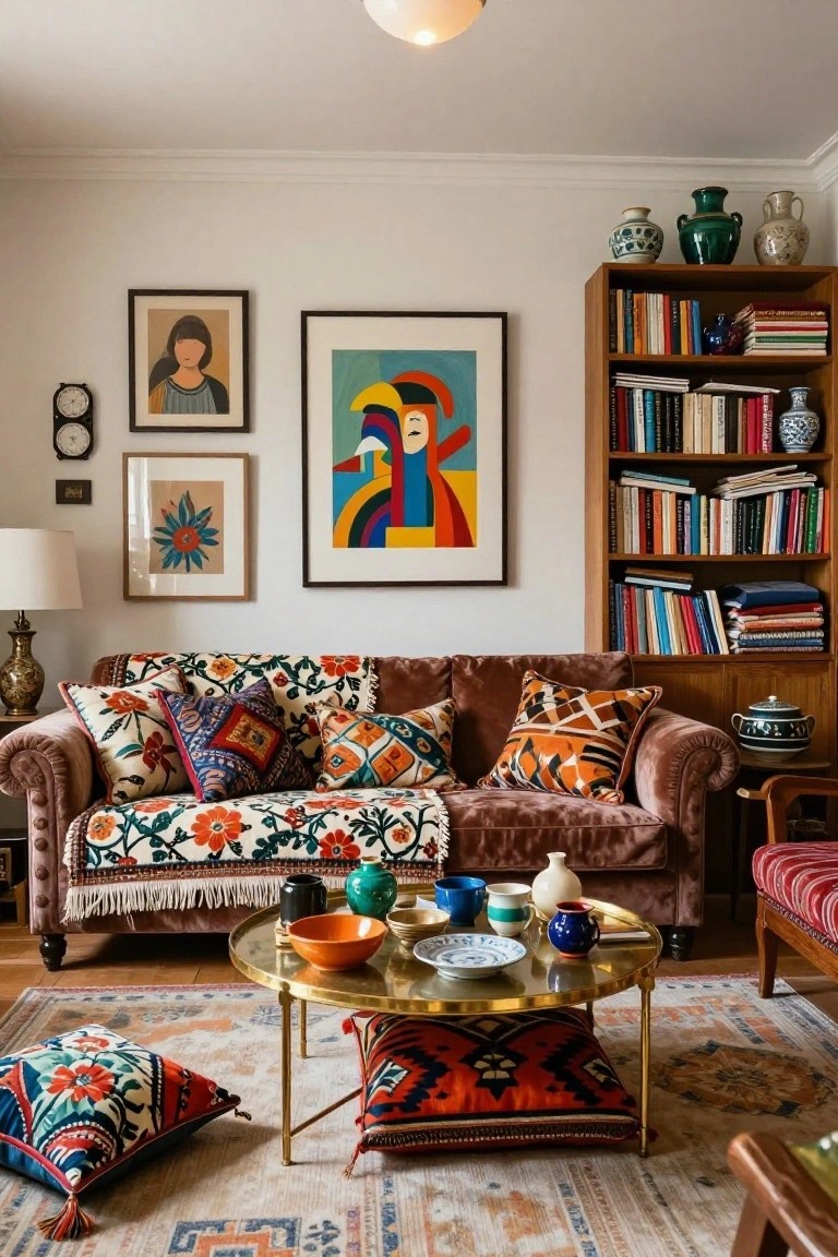A cozy living room with a tufted brown velvet sofa draped in a fringed multicolored blanket, scattered with patterned pillows, floor cushions under a brass coffee table, wooden bookshelves, and colorful framed art on white walls.