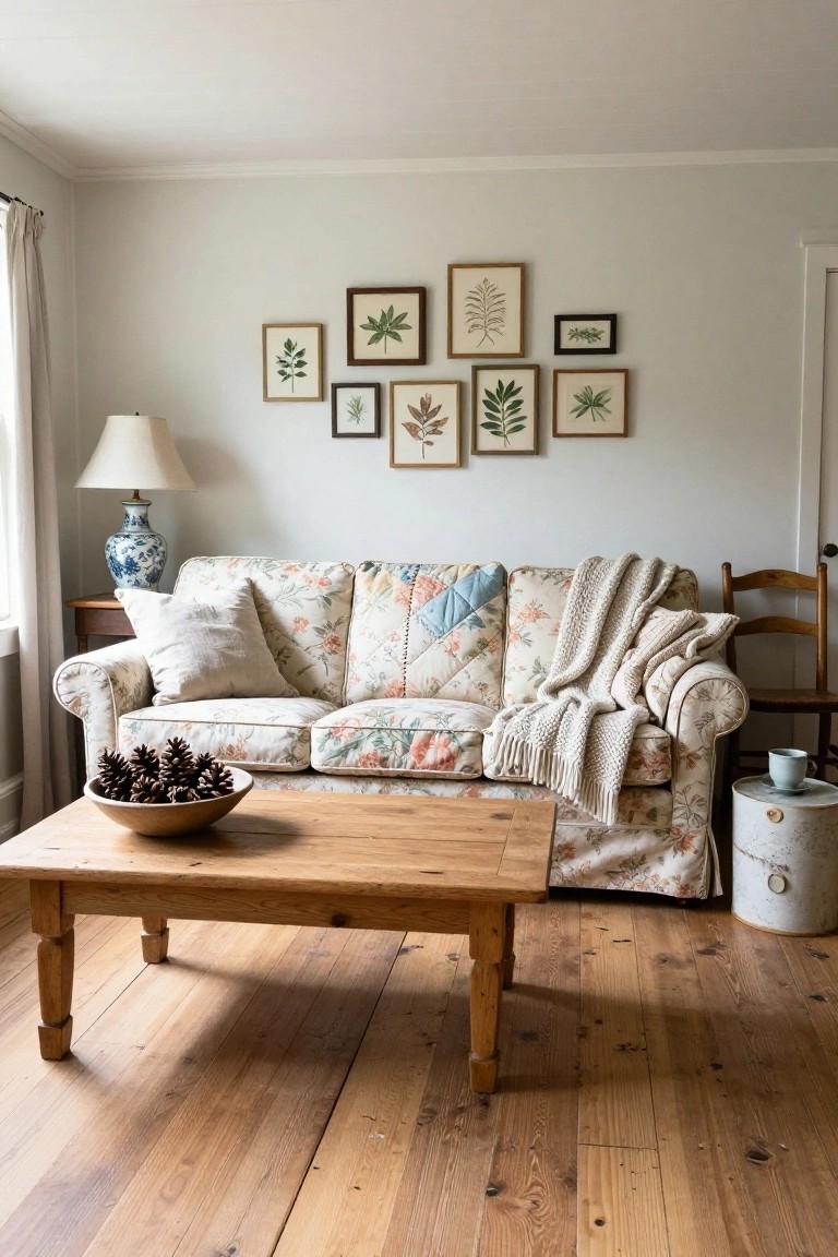 Cozy living room with white floral sofa draped by chunky knit throw blanket, wooden coffee table with pinecone bowl, botanical prints on wall, blue porcelain lamp, wooden chairs, and hardwood floors.