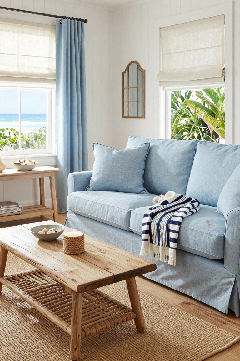 Light blue slipcovered sofa with white and navy striped throw blanket draped over the seat in a white living room featuring wooden coffee table, side table, and windows overlooking the ocean.
