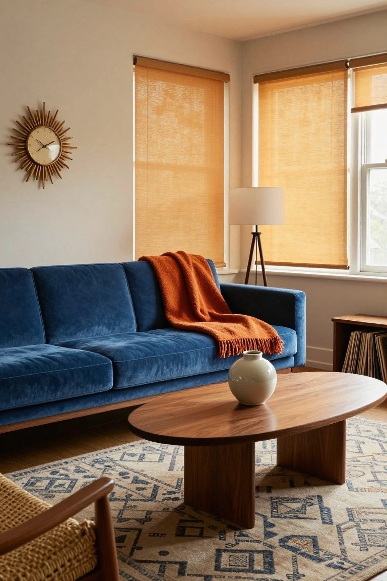 Living room corner with navy blue velvet sofa draped in orange fringed throw blanket, oval wooden coffee table holding white vase, tripod floor lamp, wooden credenza with vinyl records, rattan armchair, geometric beige rug, and windows with reed shades.