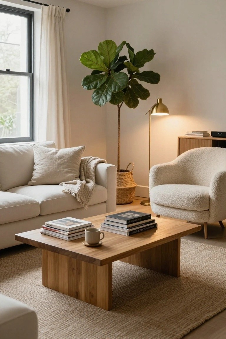 A light-filled living room with a white sofa draped in a cream throw blanket and pillow, wooden coffee table holding books and a mug, cream sheepskin armchair, tall fiddle leaf fig plant, gold floor lamp, and beige seagrass rug.