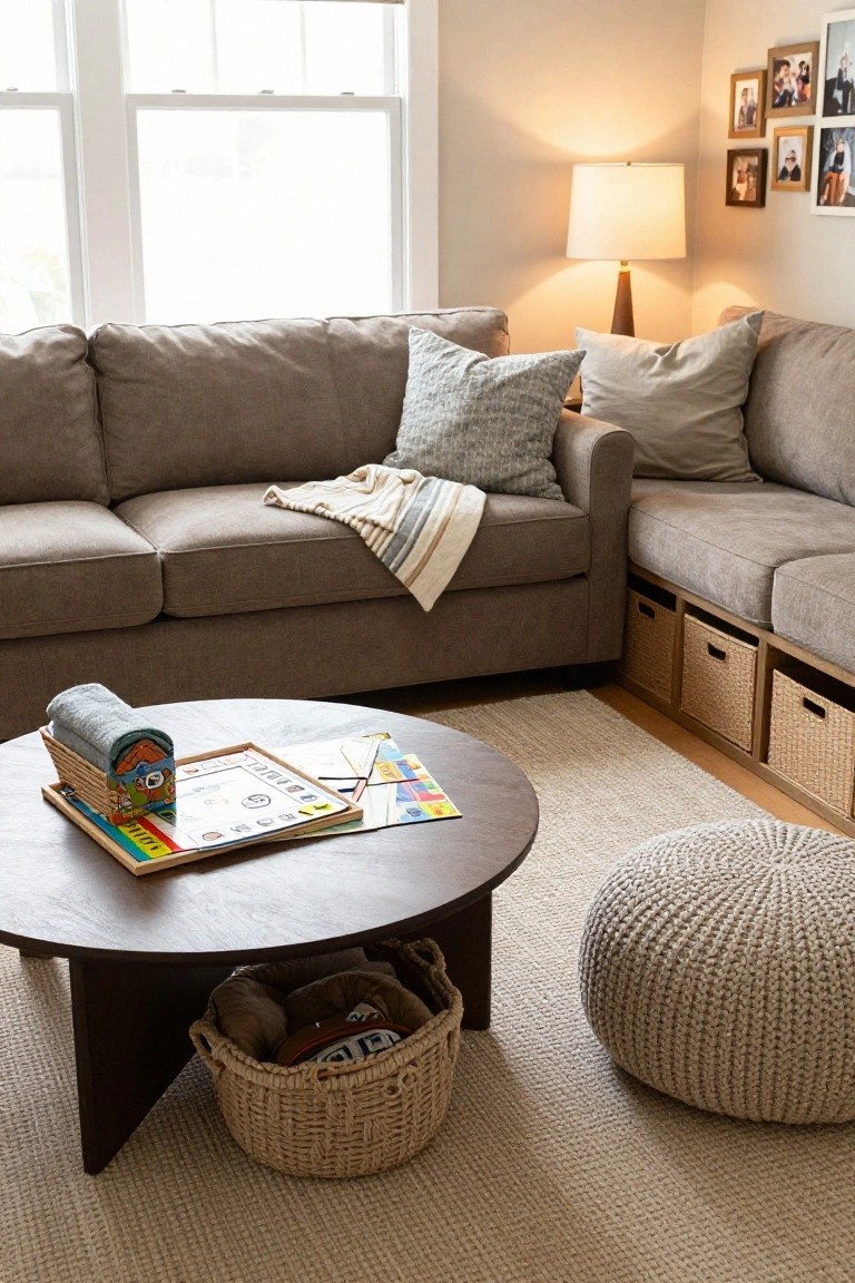 Beige L-shaped sectional sofa in a light living room corner with draped striped throw, pillows, coffee table holding board game and small woven box, wicker baskets, woven pouf, lamp, and wall photos.