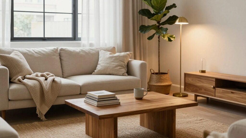 21 Cozy Living Room Blanket and Throw Ideas for Extra Comfort A light-filled living room with a white sofa draped in a cream throw blanket and pillow, wooden coffee table holding books and a mug, cream sheepskin armchair, tall fiddle leaf fig plant, gold floor lamp, and beige seagrass rug.