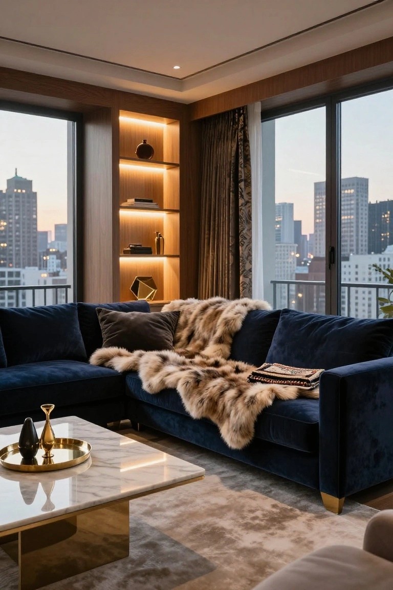 Corner of a modern living room featuring a navy velvet L-shaped sofa with a light fur throw draped over it, a white marble coffee table with brass accents, wooden built-in shelves with warm lighting, and large windows showing a city skyline at dusk.