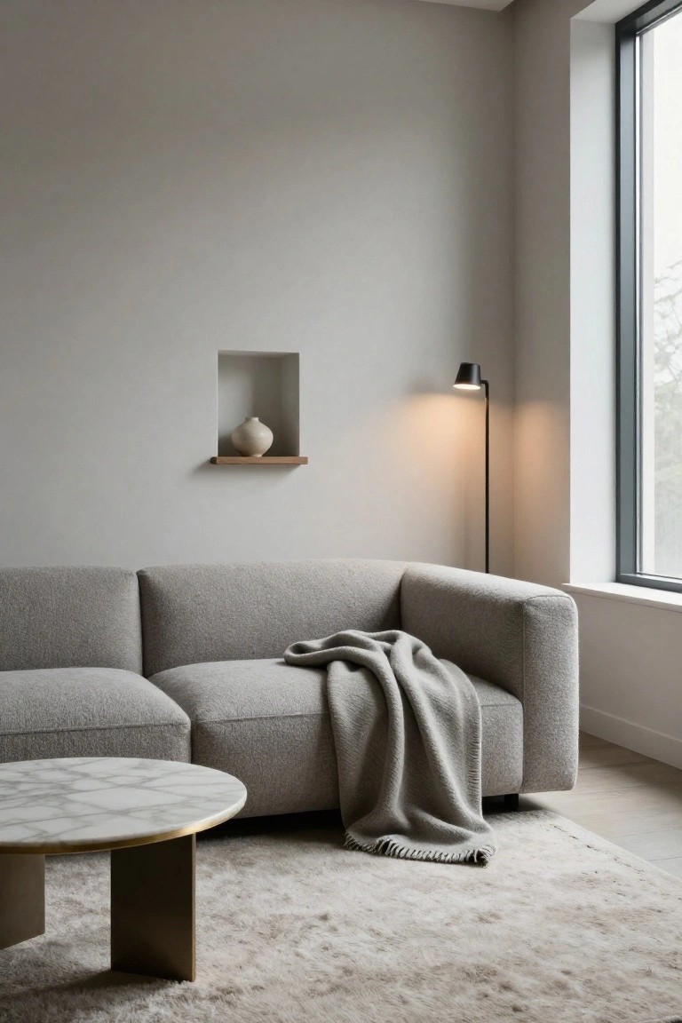 Gray modular L-shaped sofa with a light gray knit blanket draped over one arm, beside a round white marble coffee table on brass legs, in a light gray living room with floor lamp, niche shelf holding a vase, and large window.